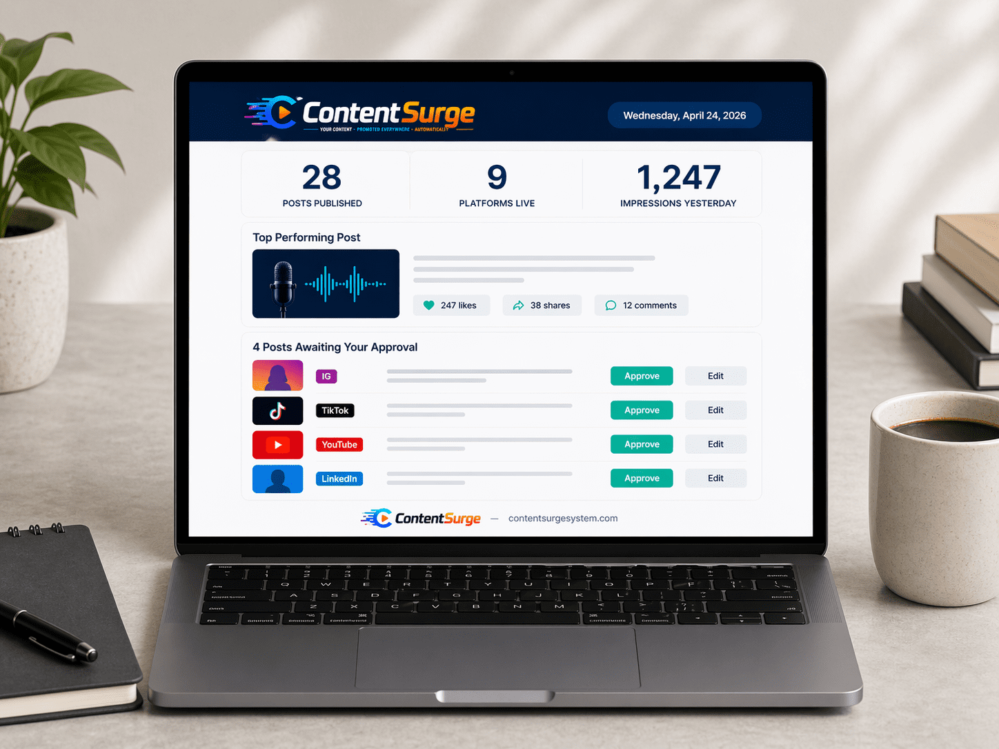 ContentSurge dashboard running on a MacBook